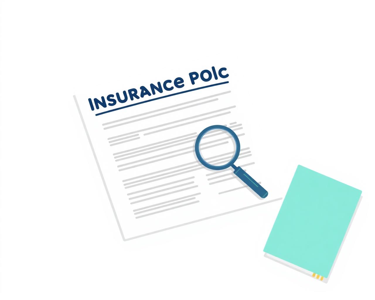 An open insurance policy document next to a magnifying glass and notebook