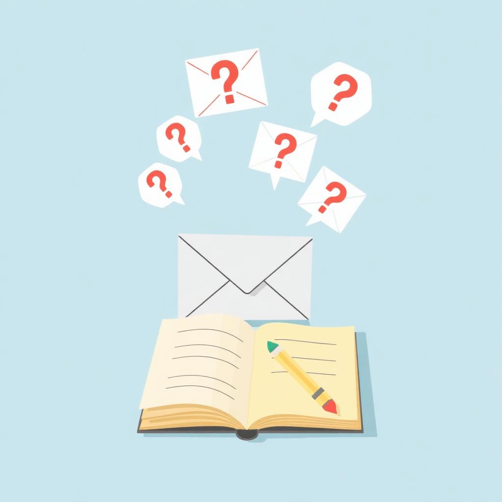 An open notebook with floating question marks and envelopes